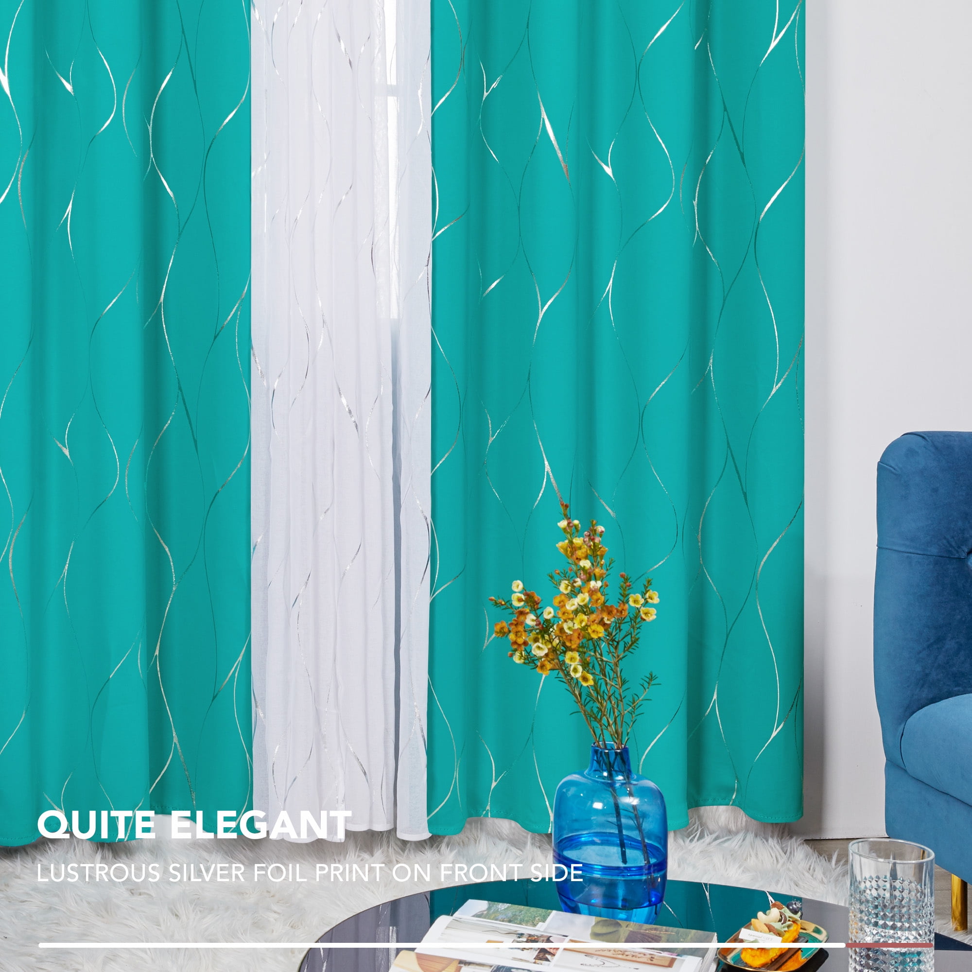 Deconovo Blackout Curtains, Silver Wave Line Print, Peacock Blue, 52W x 96L Inch, Noise Reducing, Privacy Drapes for Bedroom, 2 Panels