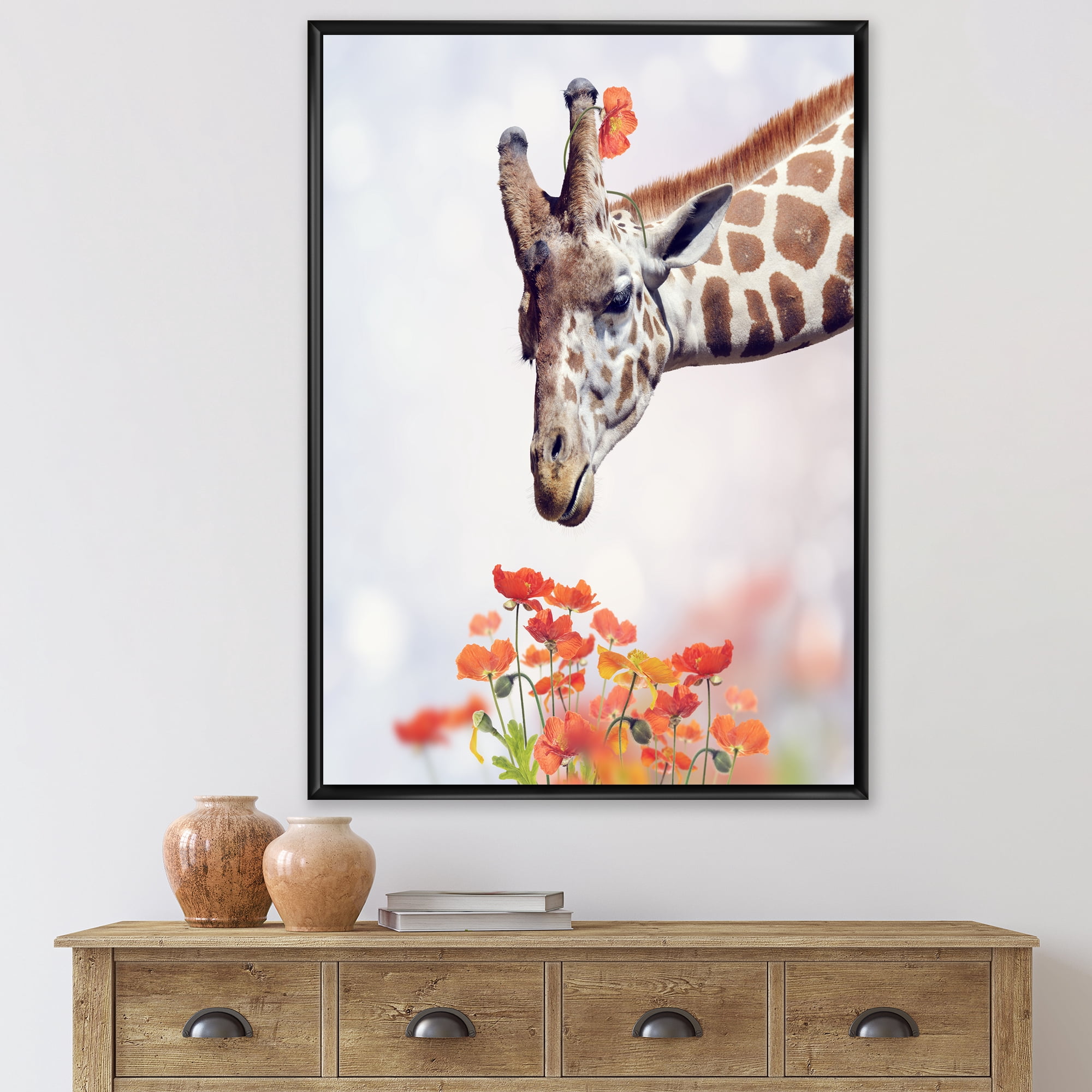 Designart 'Portrait of A Giraffe With Orange Flowers' Farmhouse Framed Canvas Wall Art Print