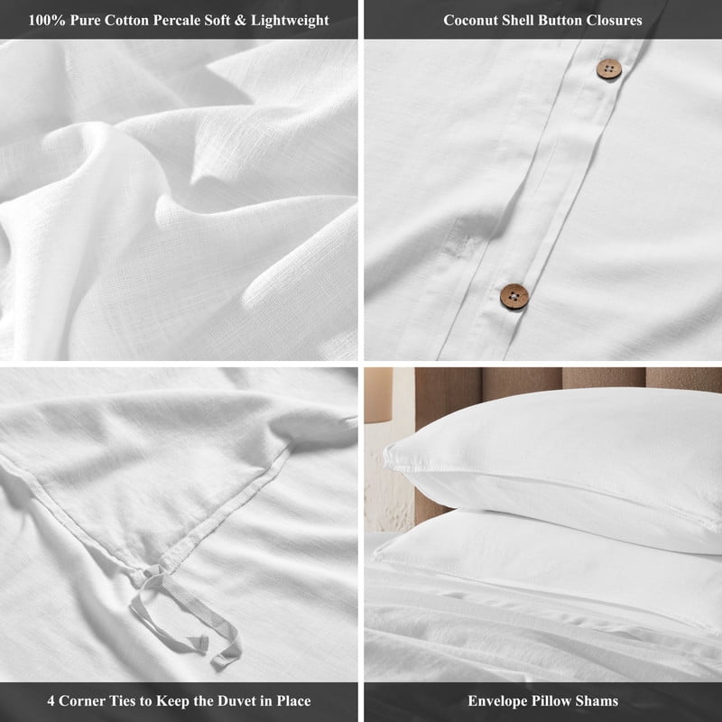 Superior Chloe 100% Cotton Percale Linen Texture Duvet Cover Set, Full/ Queen, White