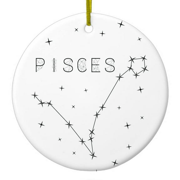 DistinctInk Hanging Ceramic Christmass Tree Ornament with Gold String - Great Gift / Present - 2 3/4 inch diameter - Star Zodiac Pisces