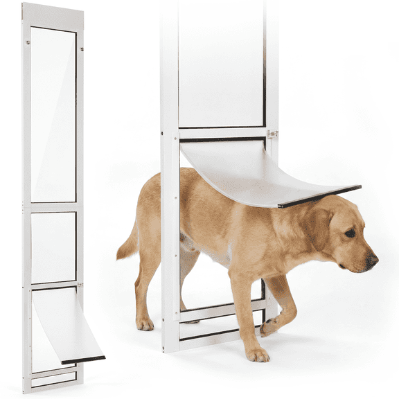 Slevoo Dog Door for Sliding Glass Door, Height Adjustable 79 1/5" to 82", Weatherproof Silicone Flap, Lock Design & White Aluminum Frame, Large