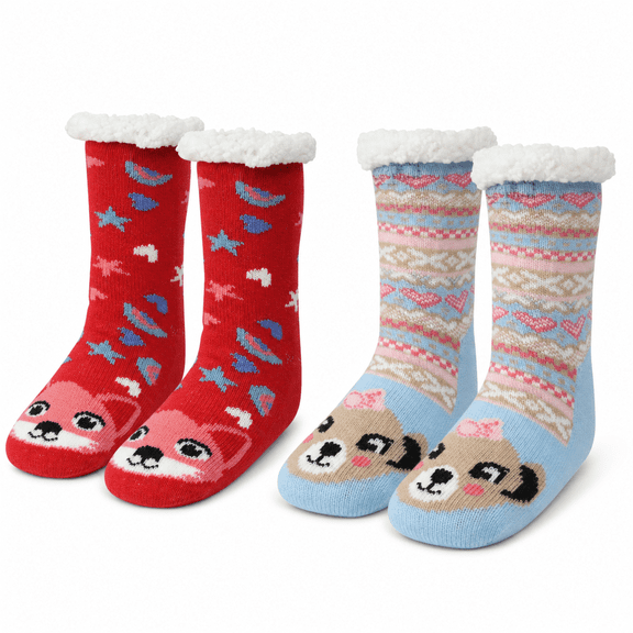 Muk Luks Kids Jacquard Knit Character Cabin Socks, 2 Pack, Soft Sole with Silicone Grippers, BLUE/PNK, S/M