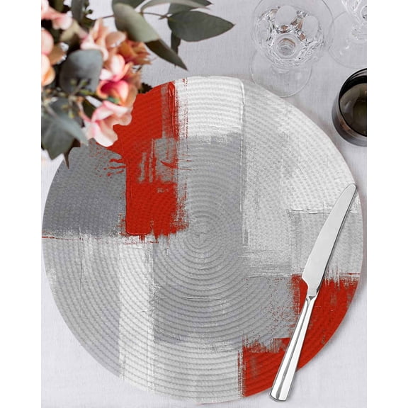 13 Inch Round Placemats Set of 6, Red Grey Non Slip Heat Insulation PP Table Mats, Abstract Geometric Color Block Oil Painting Washable Place Mats for Kitchen Dining Party Table Decor