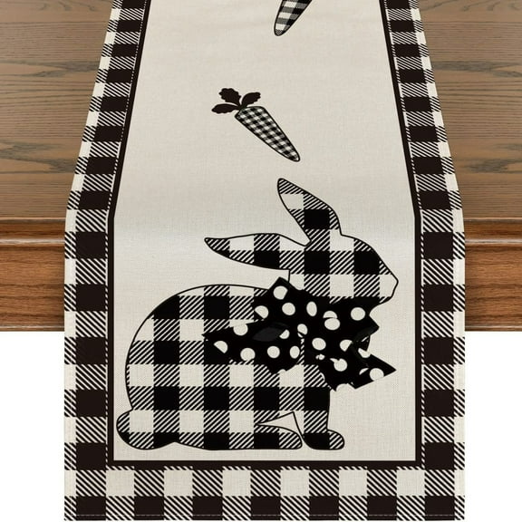KOYPTL Buffalo Plaid Check Easter Table Runner, 13x36 inch Long Cute Rabbit Carrot Pattern Table Runner, Holiday Farmhouse Fireplace Kitchen Dinning Room Home Party Decoration
