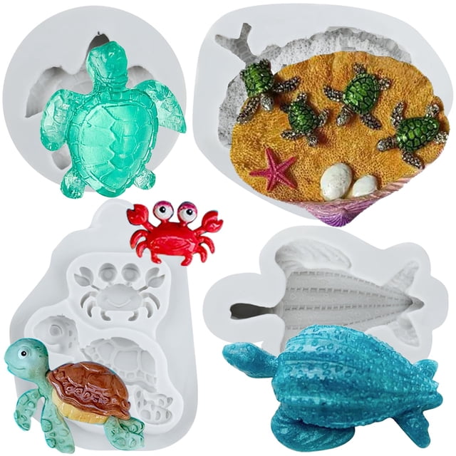 Moldes de silicona para fondant con diseño de tortuga marina con temática de playa de Lingzhi, juego de 4