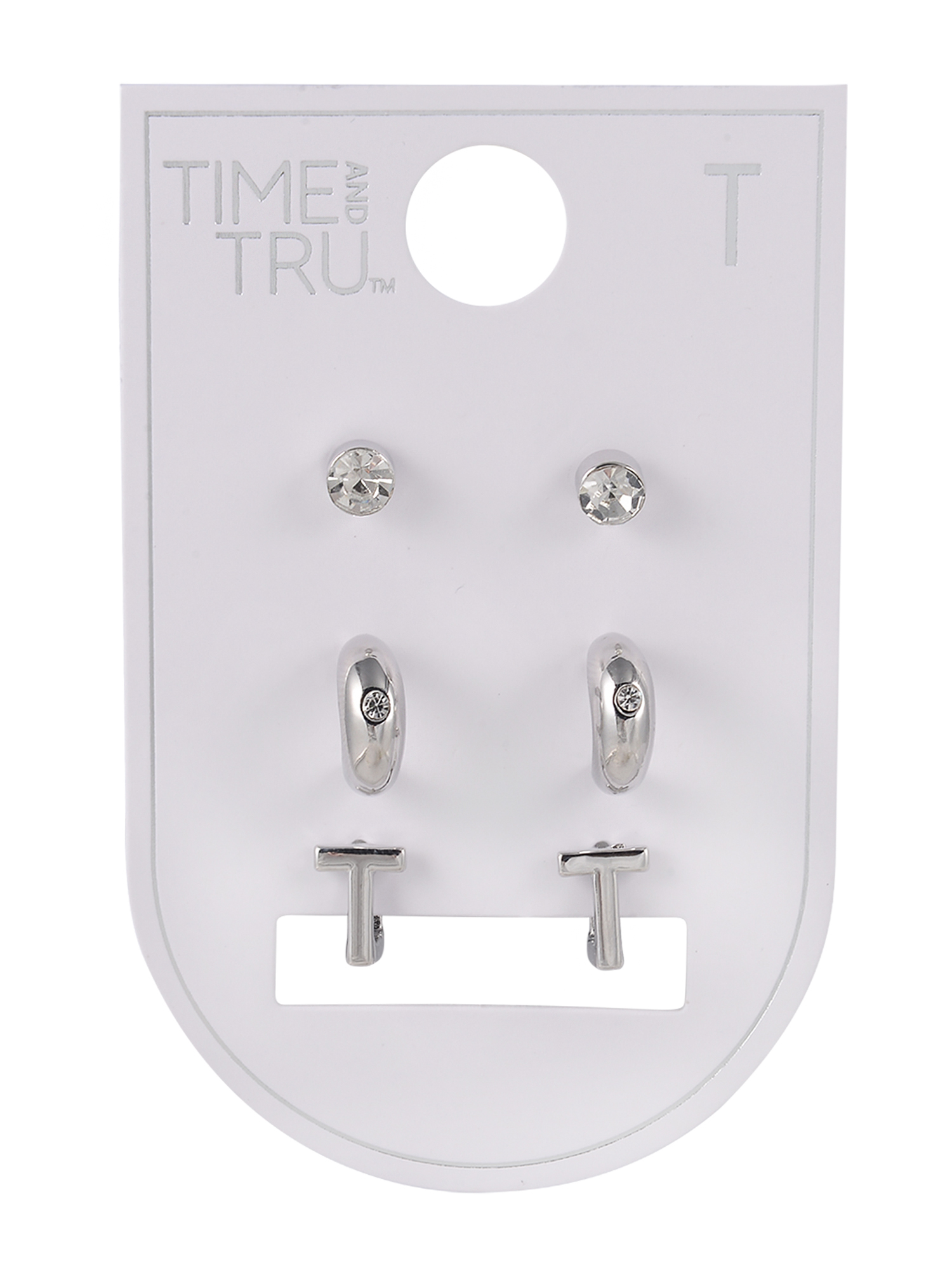 Time and Tru Silvertone 3-On Crystal Stud, Hoop, Initial "T" Earring Set