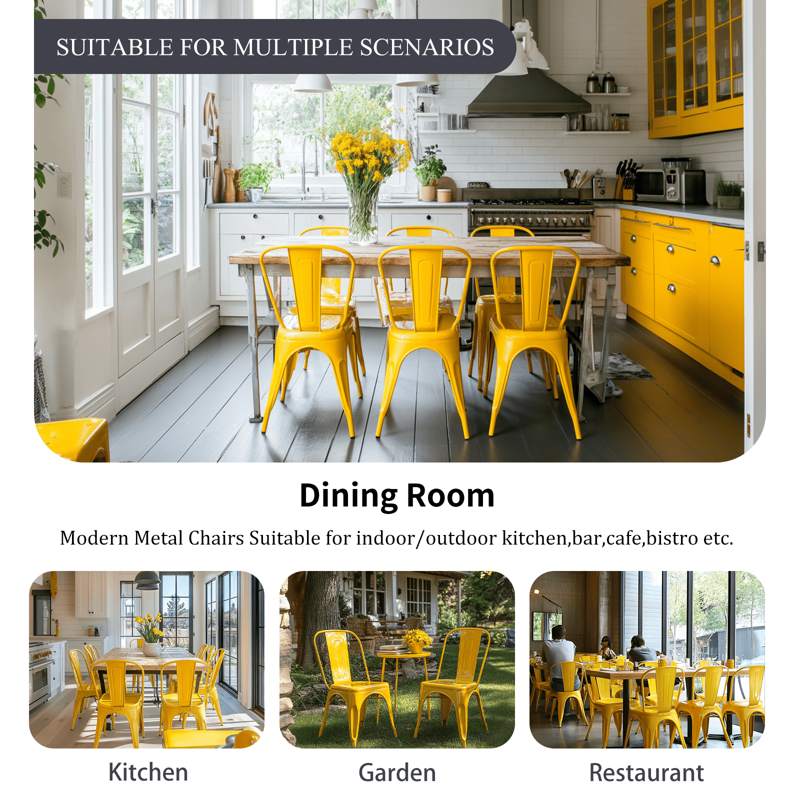 SOLEGGIATA Yellow Metal Dining Chairs Set of 2 Industrial Stackable Chairs Suitable for Indoor Outdoor Dining Room Kitchen Restaurant Cafe Daisy Yellow