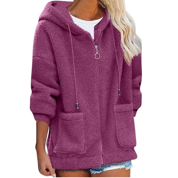 IROINNID Hoodie Jacket for Women Solid Color Long Sleeve Warm Hoodie Jacket Casual Shearling Basic Tops Fall Jacket with Pocket,Purple