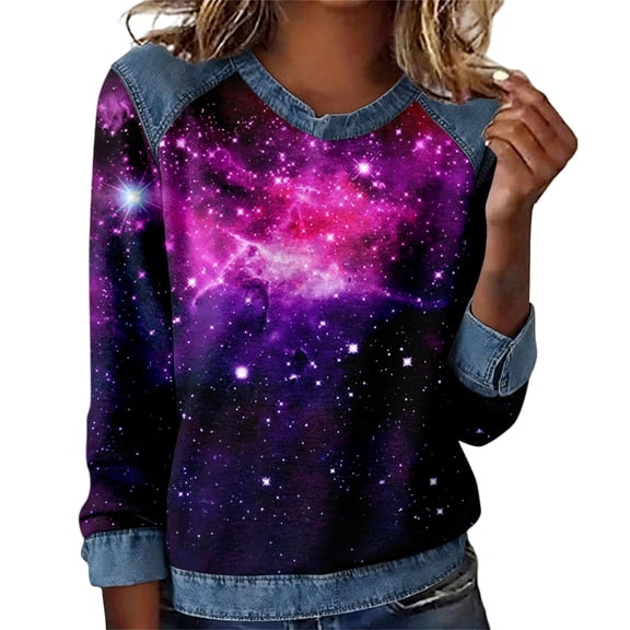 QASIEATN Blue Women's Crew Neck Sweatshirt Long Sleeve Tops Casual Loose Pullover Sweatshirts