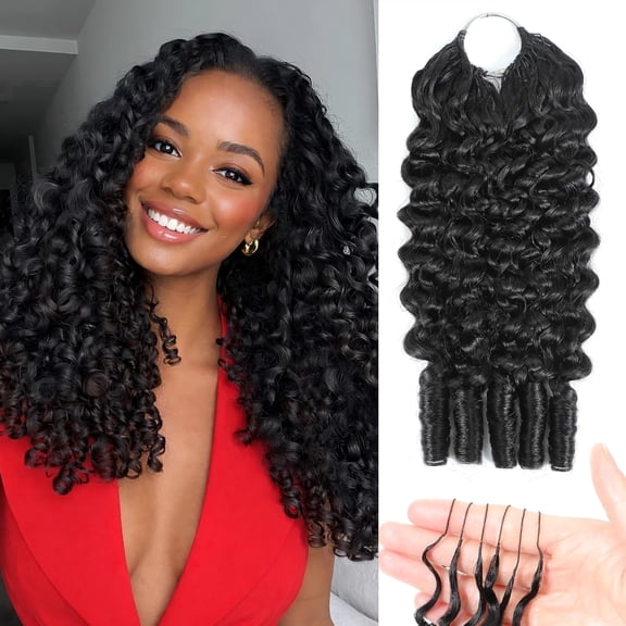 16 inch Burmese Curly Crochet Feather Human Hair Invisible Miracle Knots Crochet Hair Extensions 50G 50 Strands Feather Hair Natural Black for Women