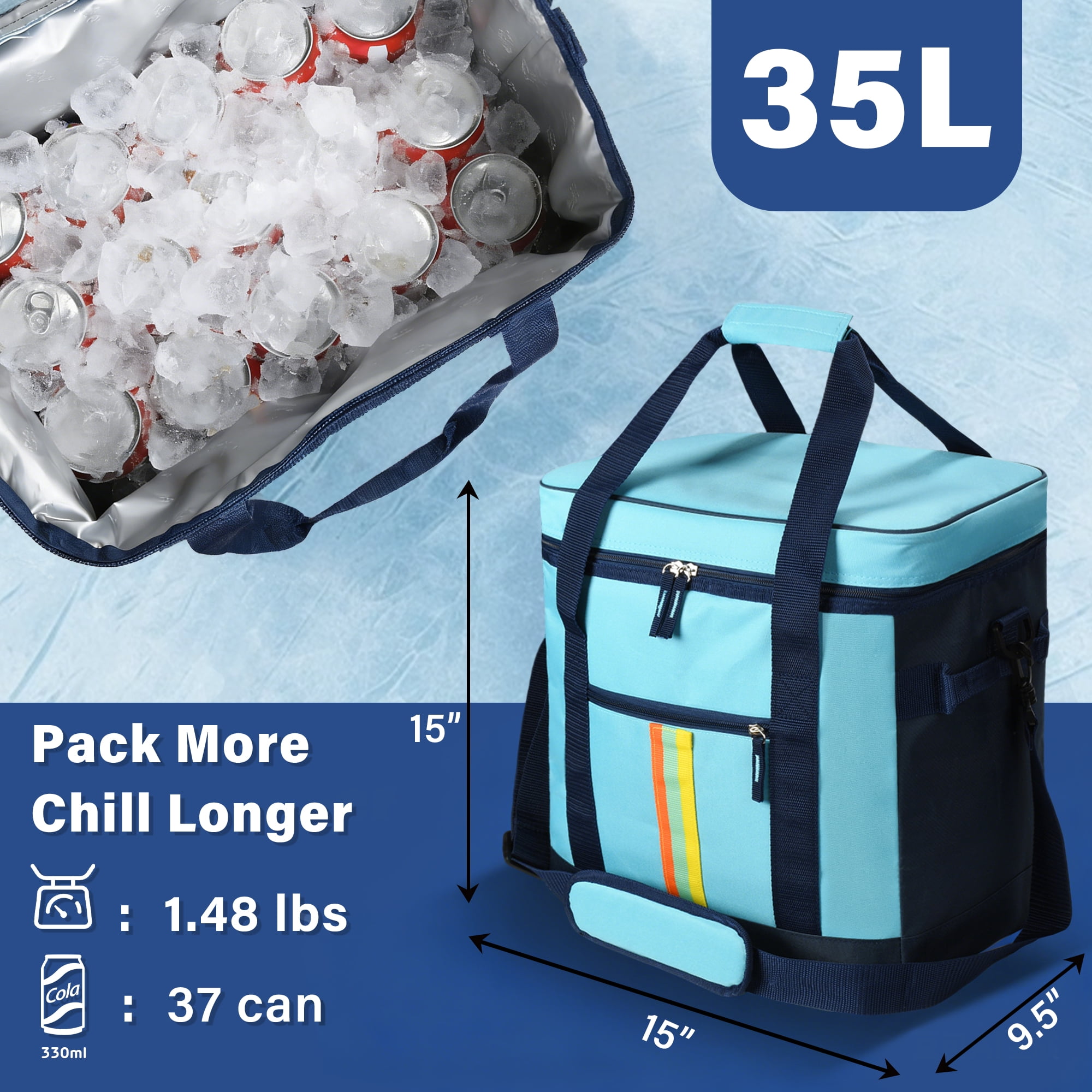 Tirrinia Large Capacity Soft Cooler Bag, Collapsible Cooler Insulated Leak Proof, Large Lunch Box for Men Women, Soft-Sided Cooler for Picnic, Grocery, Beach, Camping, Travel, 35L, Blue