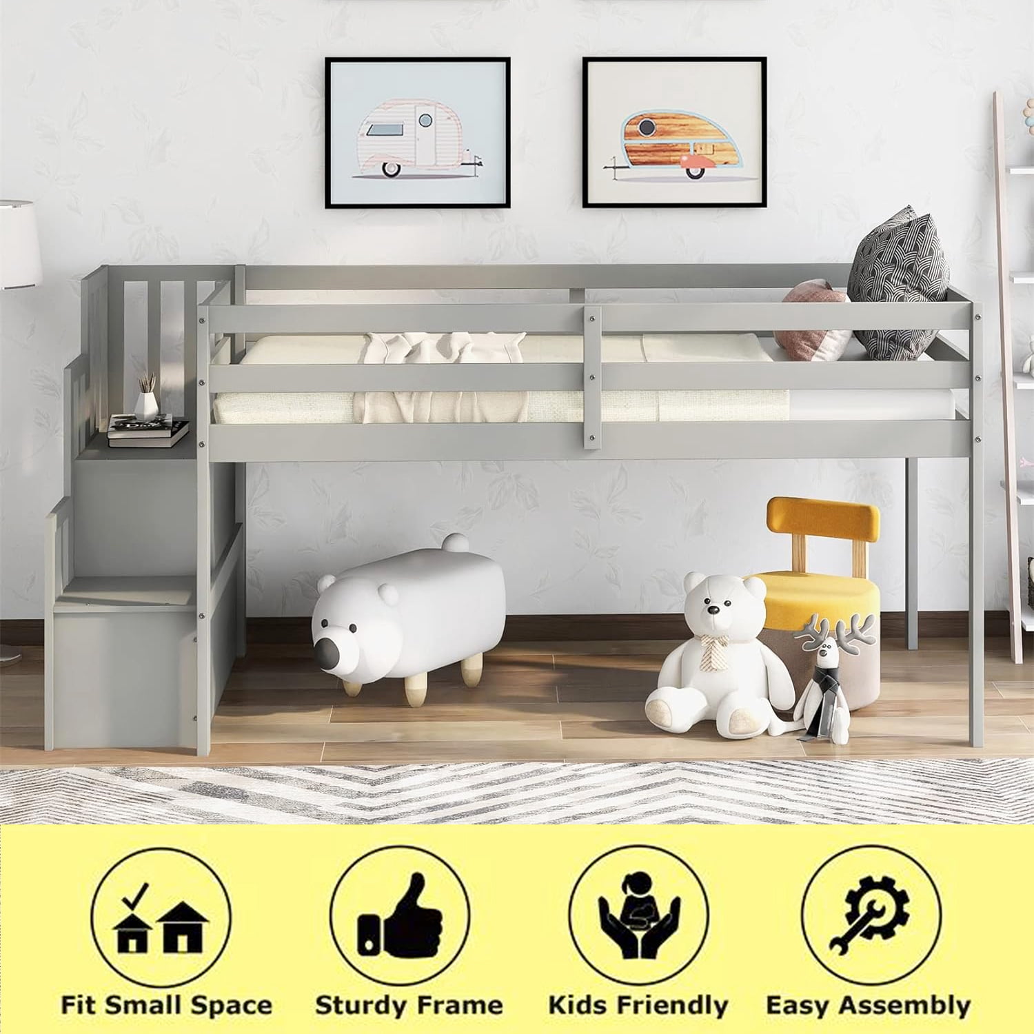 Gewnee Wood Twin Low Loft Bed with Storage Staircase and Safety Guardrails for Kids,Gray