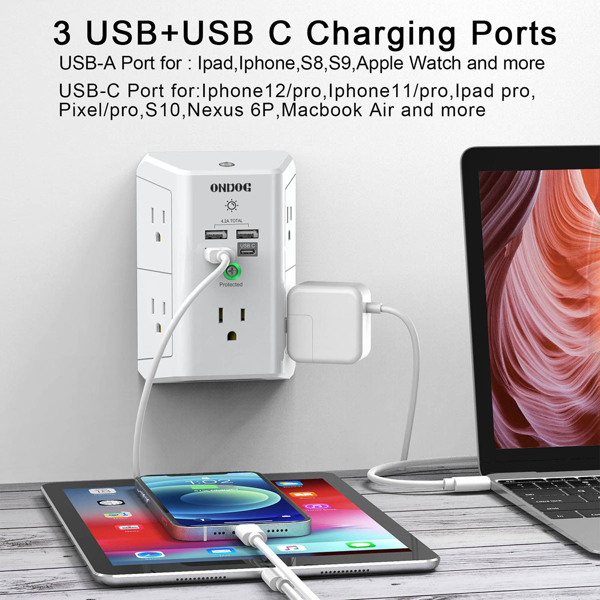 ONDOG 5-Outlet Surge Protector Power Strip with 4 USB Ports photo 3