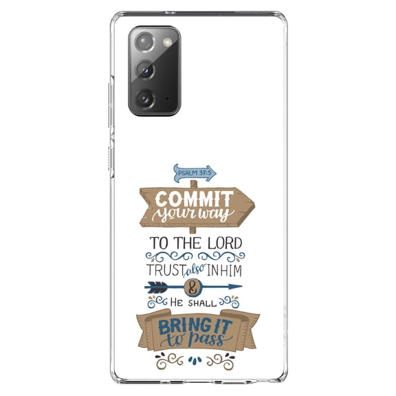 DistinctInk Clear Shockproof Hybrid Case for Galaxy Note 20 ULTRA (6.9" Screen) - TPU Bumper, Acrylic Back, Tempered Glass Screen Protector - Psalm 37:5 - Commt Your Way to the Lord