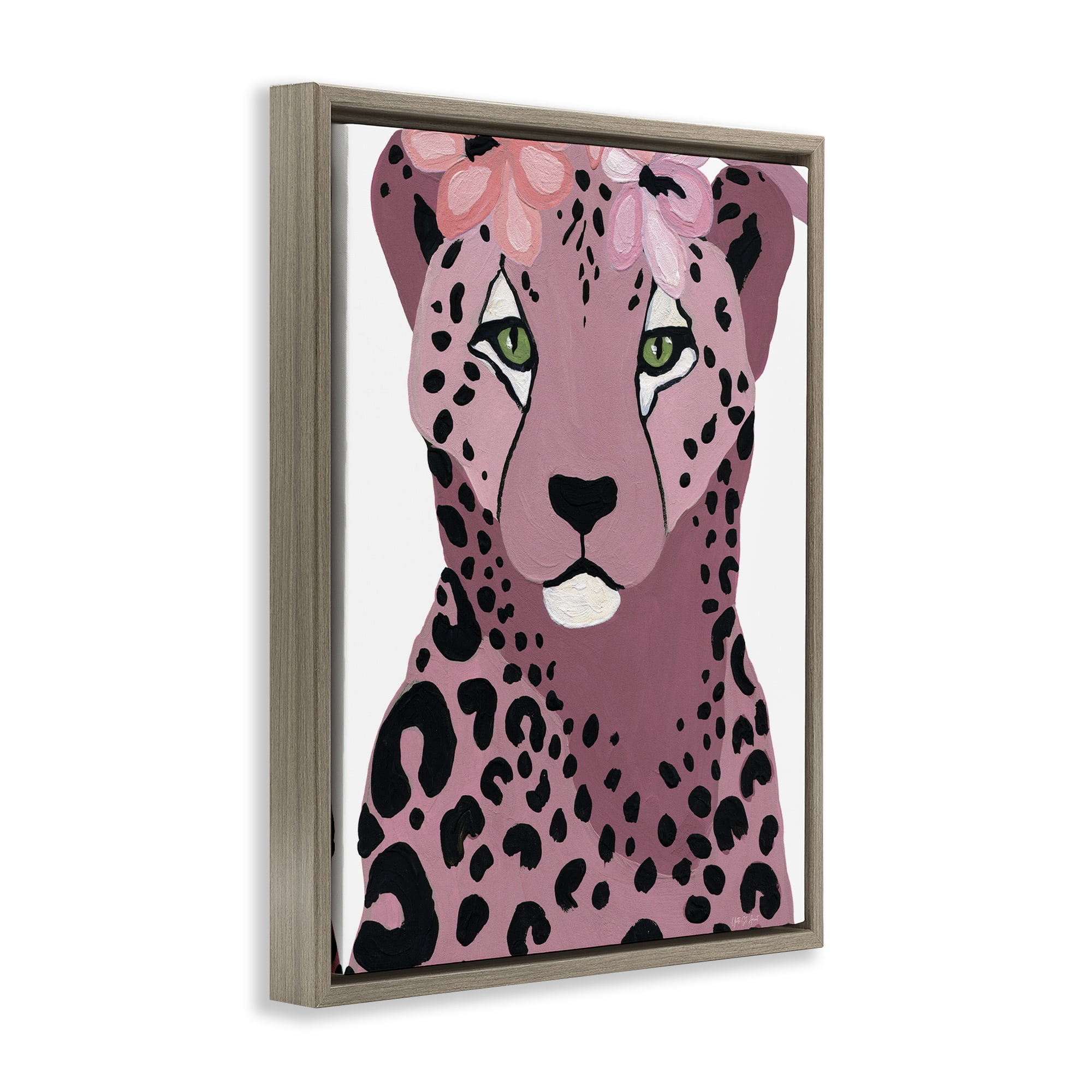 Stupell Industries Cheetah with Pink Blossoms Animals & Insects Painting Brown Floater Framed Canvas Art Print Wall Art, 25 x 31