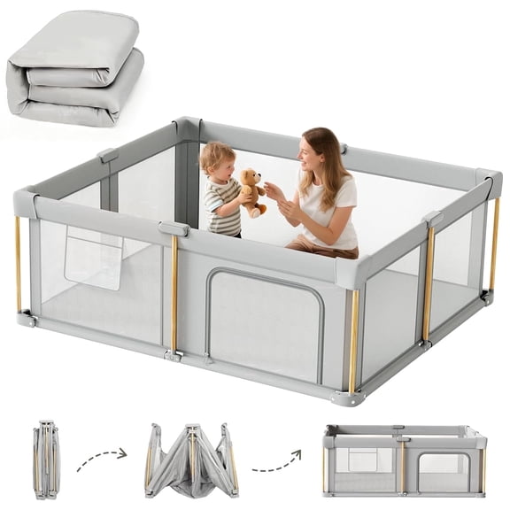 71"x59"x27" Foldable Baby Playpen with Mat, Play Yard Fence for Babies Boys Girls Toddlers, Large Playard W/ 300D Fabric for Infant and Kids