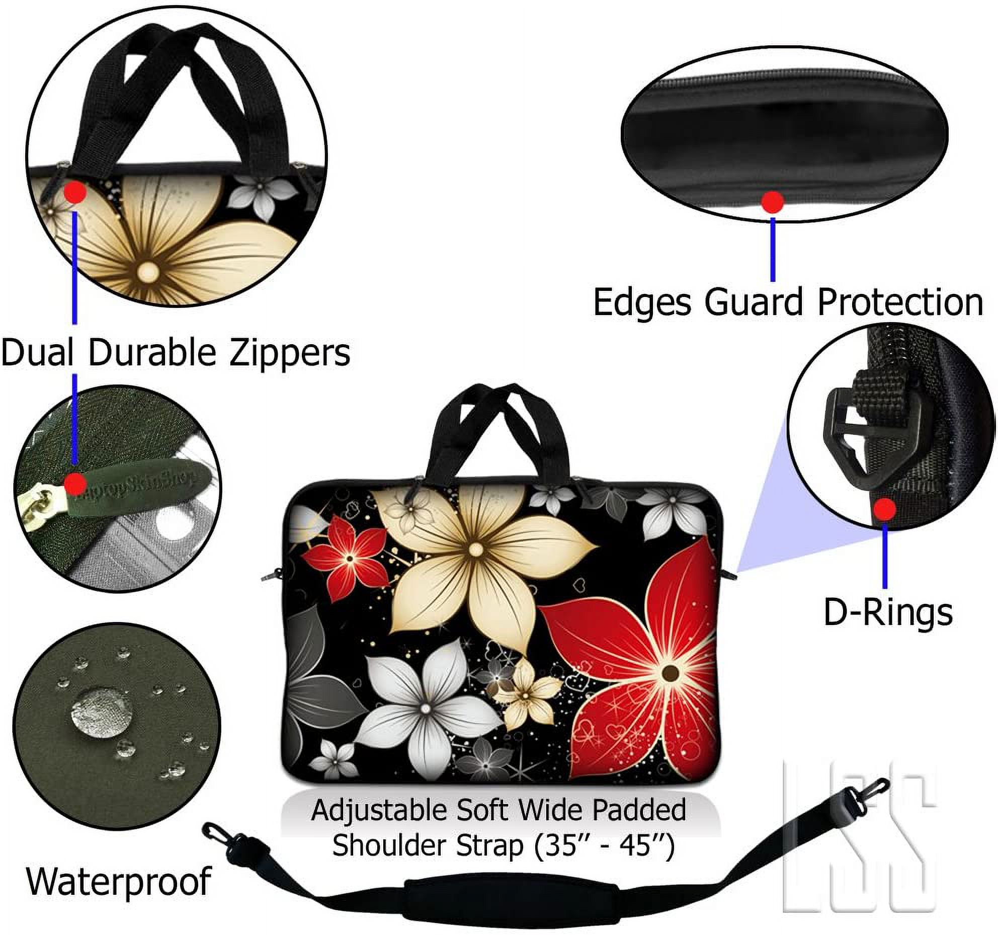 LSS 15.6 inch Laptop Sleeve Bag Compatible with Acer, Dell, HP, Sony, MacBook, Carrying Case w/ Handle & Adjustable Strap, Black Gray Red Flower Leaves