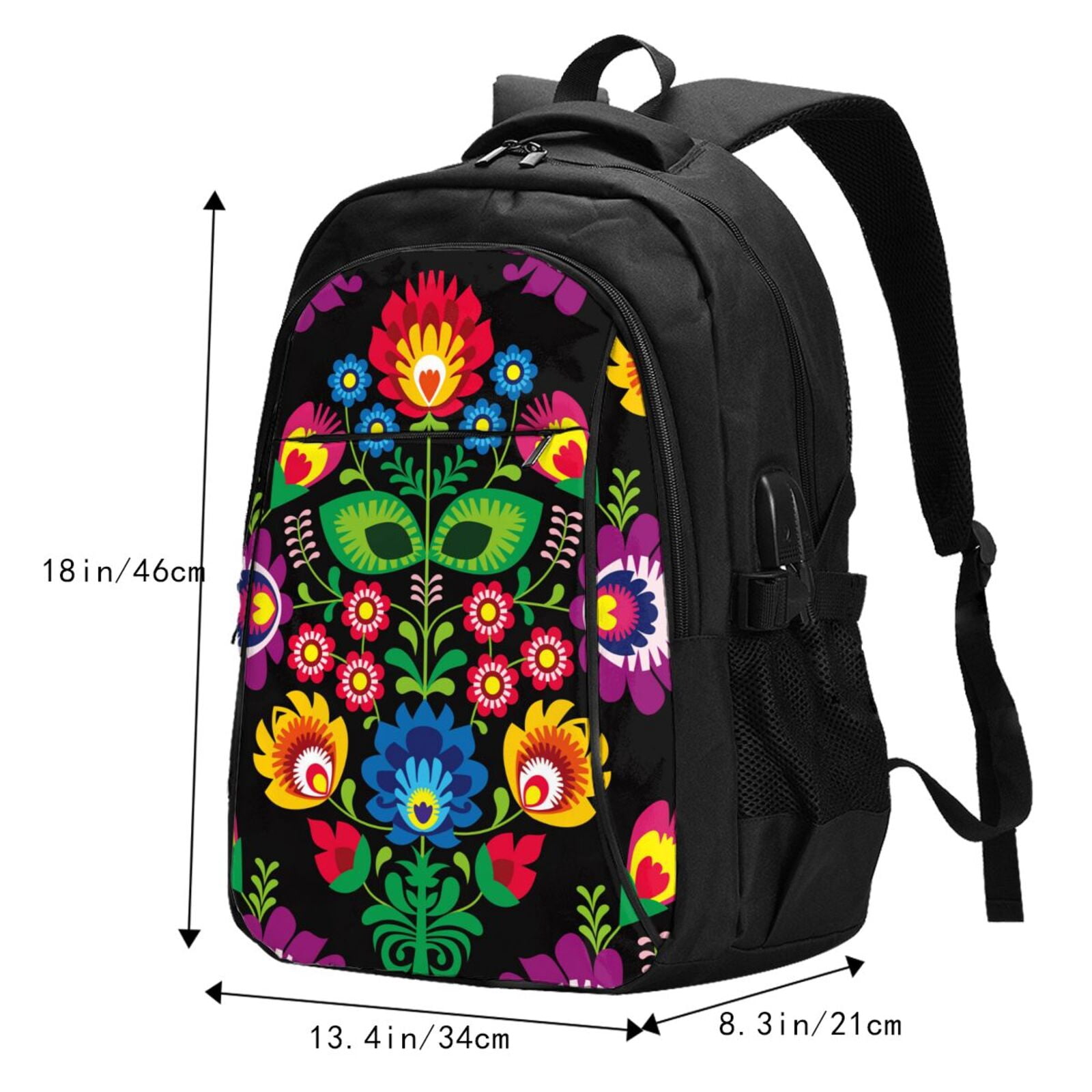 Ratiio Traditional Floral Polish Print Travel Laptop Backpack,Slim Sturdy Laptops Backpack with USB Charging Port, Water Resistant College School Computer Bag