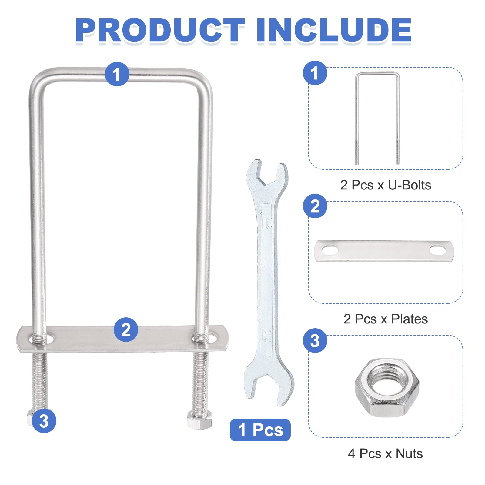 Uxcell 2 Sets M8 Square U-Bolts, 2.83" Inner Width 7.09" Length 304 Stainless Steel U Clamp Bolts with Nuts, Plates and Wrench