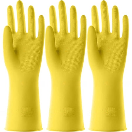 3 Pairs Rubber Gloves for Cleaning Dishwashing Non-Slip Liner Household Gloves Reusable Grippy Cleaning Gloves for Kitchen Bathroom, Yellow, L