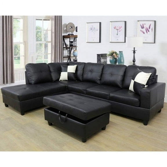 Maumee 103.5" Wide Faux Leather Sofa & Chaise with Ottoman,Left Facing Black