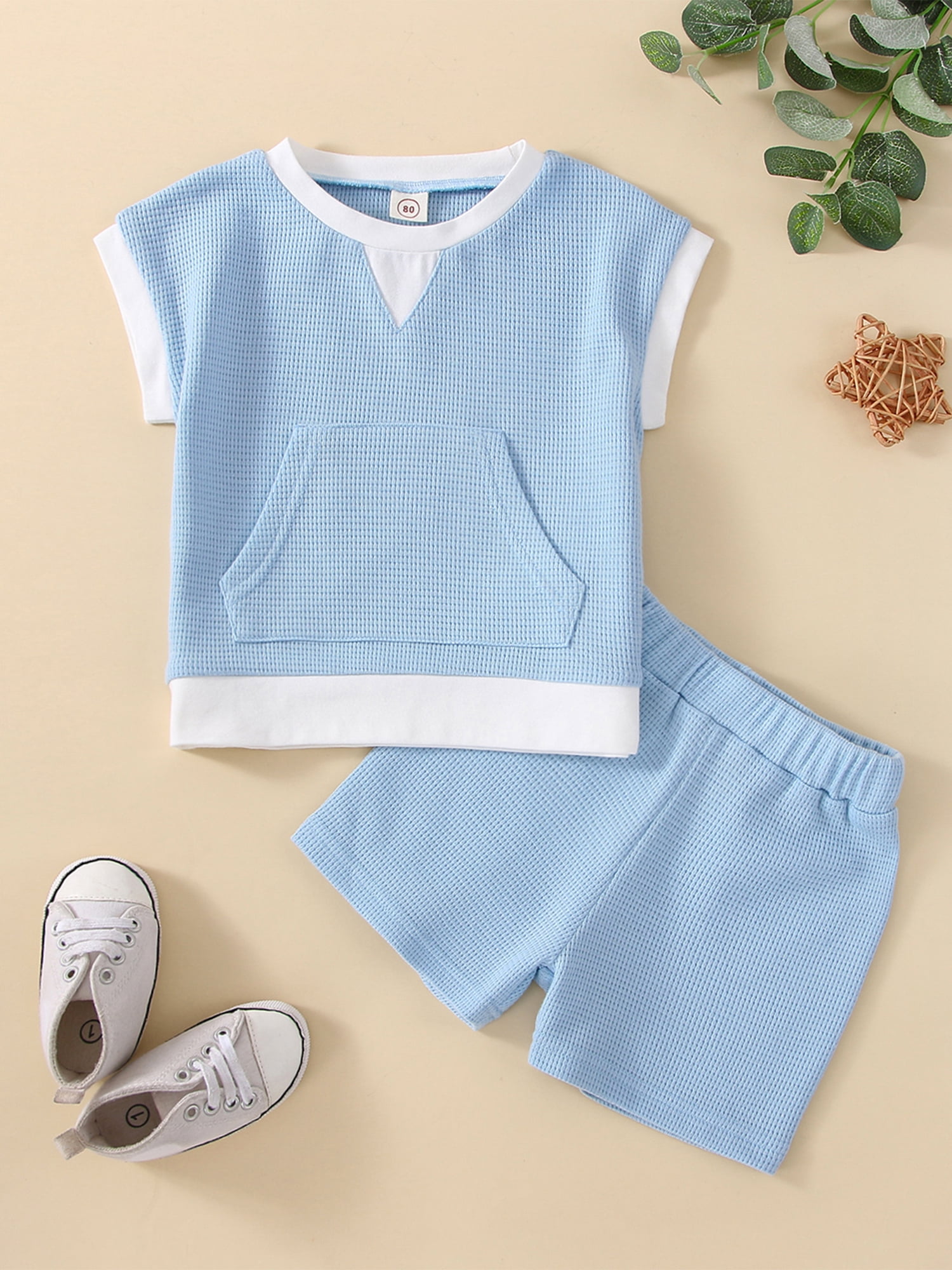 2pcs Toddler Boy Textured Blue Tee and Elasticized Pants Set