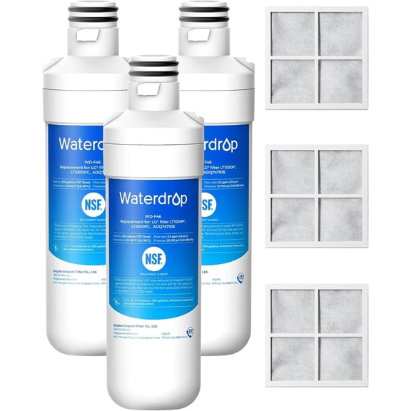 Waterdrop LT1000PC ADQ747935 Refrigerator Water Filter and Air Filter, Replacement for LG® LT1000P®, LMXS28626S, LFXS26973S, LFXS26596S, LFXS28596S, ADQ74793501, ADQ74793502 and LT120F®, 3 Combo