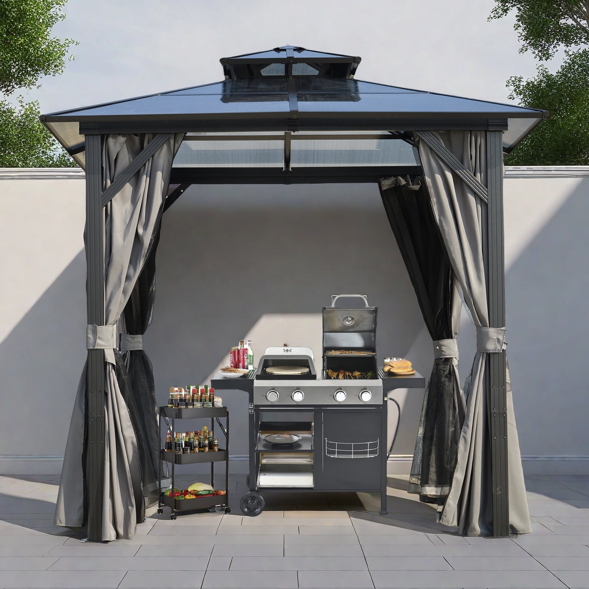 8FT x 8FT Double Roof BBQ Grill Gazebo with Grey Polycarbonate for Outdoor Use