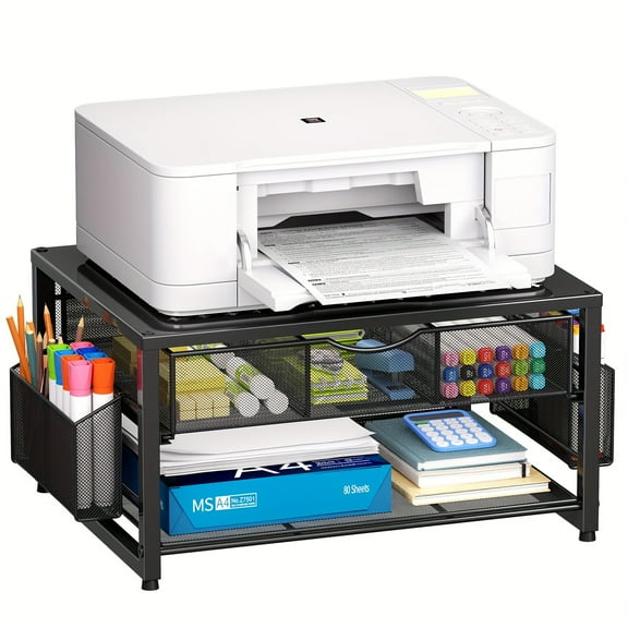 Heavy-Duty Metal Printer Stand with Drawer & 2-Tier Shelves - Locking & Cable Management, Compact Home Office Organizer for Printer/Fax/Scanner, Black