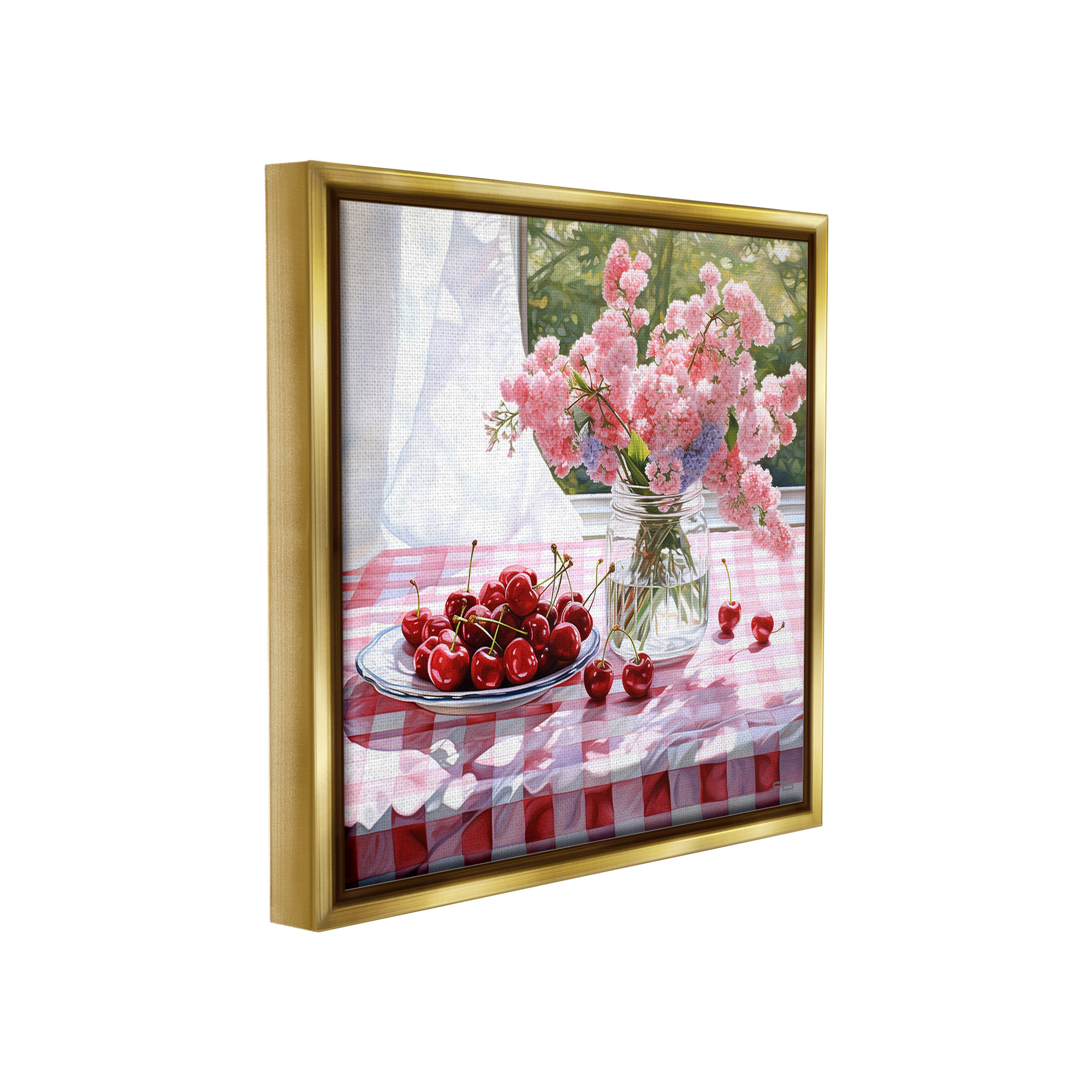 Stupell Industries Cherry Blossoms & Fruits Botanical & Floral Painting Gold Floater Framed Canvas Art Print Wall Art, 18 x 18