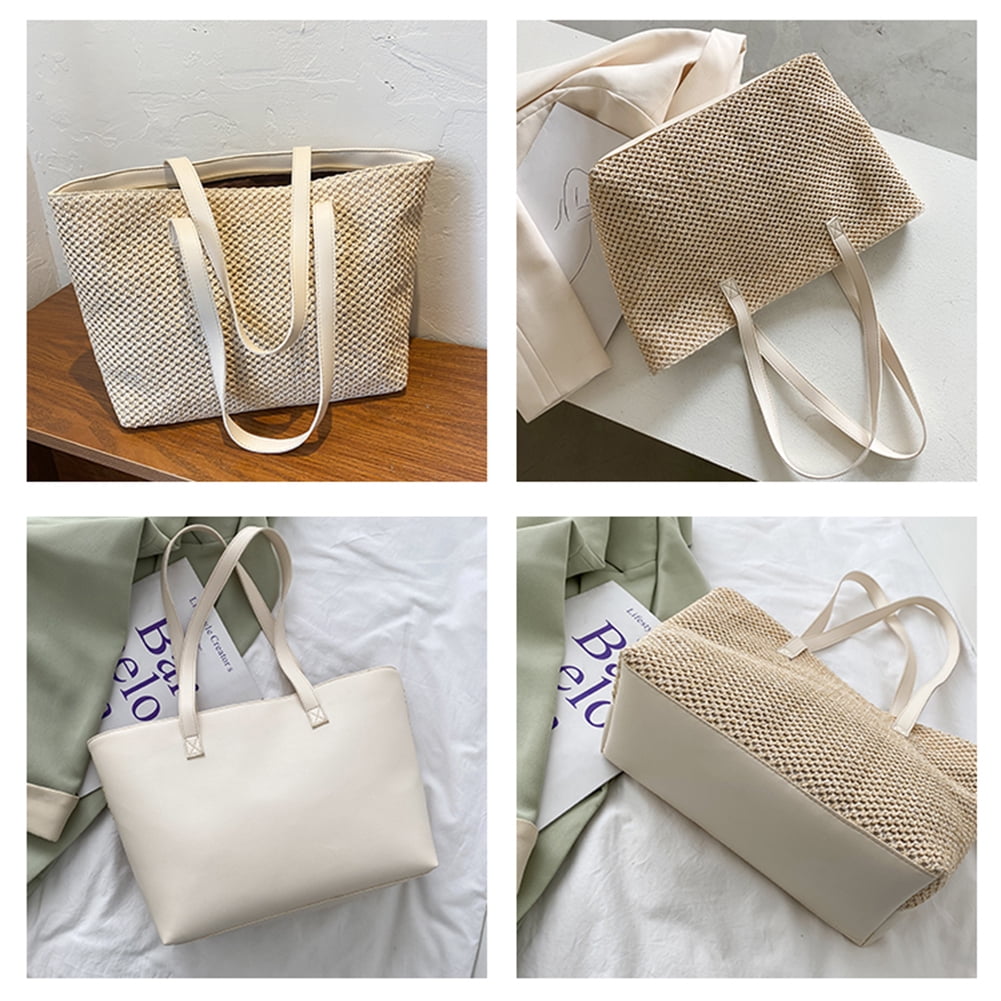 LoyGkgas New Fashion Women Beach Straw Woven Shoulder Tote Bag Large  Handbags (Beige) 