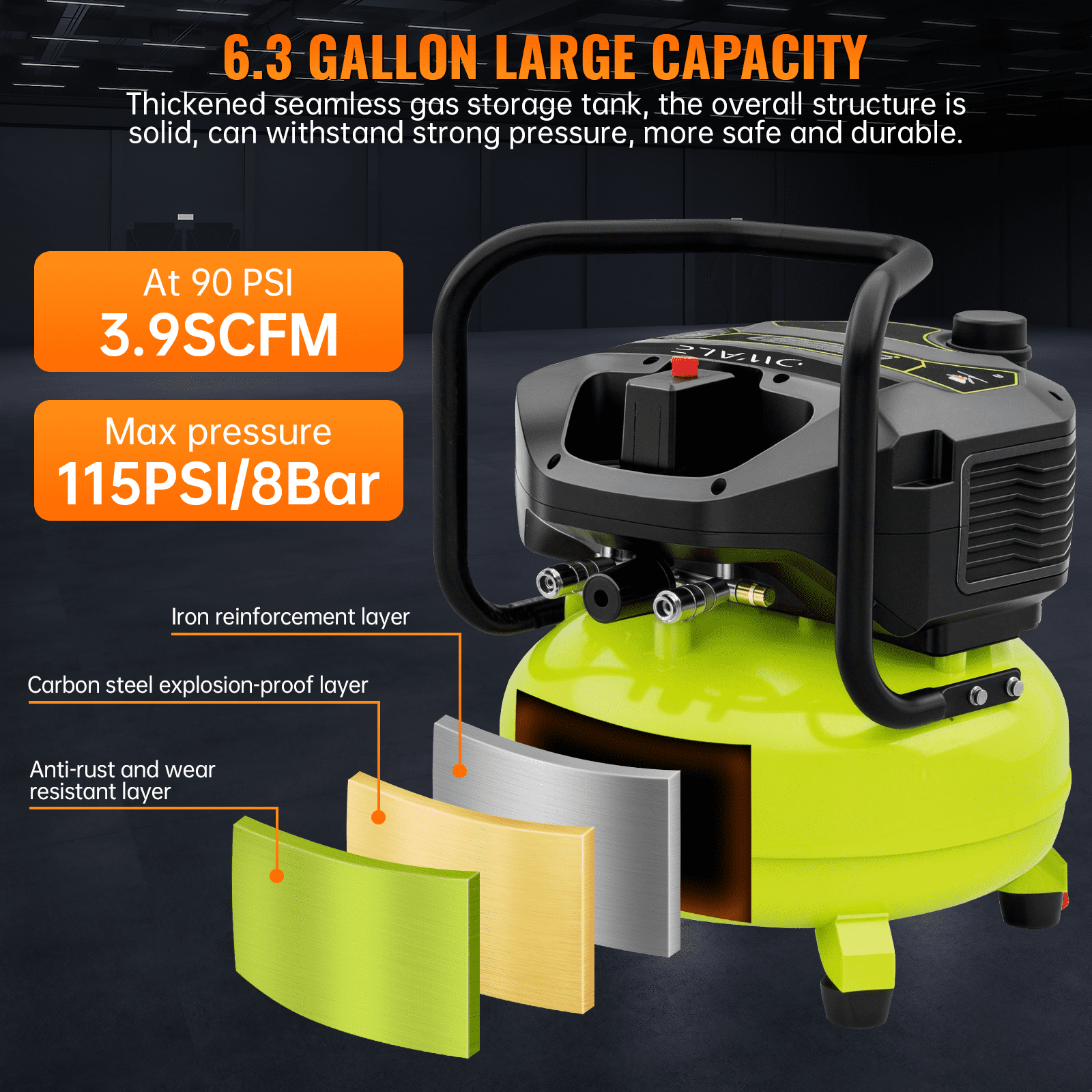 6.3 Gallon Air Compressor,1.5HP 3.2SCFM @90PSI Ultra Quiet and Oil-Free Air Compressor,115PSI Max Pressure,75 dBA Noise Level,Oil Free Compressor Tank for Auto Repair, Tire Inflation, Spray Painting