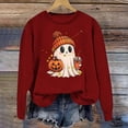 thumbnail image 2 of Halloween Sweatshirt for Women Oversized Fall Graphic Tees Cute Ghost Pumpkin Scary Printed Long Sleeve Pullover Soft Cozy Casual Fun Tops Vacation Fall Fashion Must Haves Wine 3XL, 2 of 3