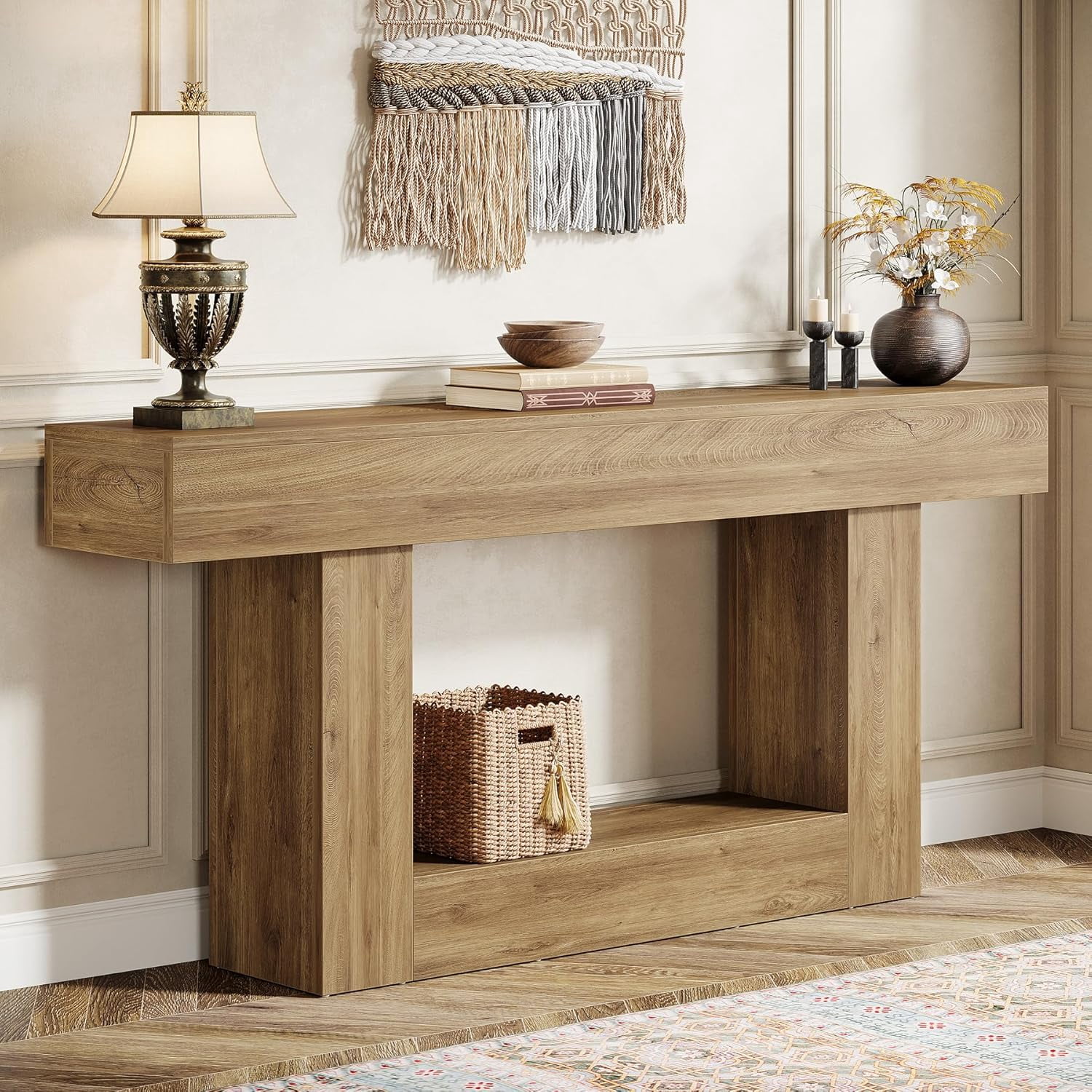 Finmind 63" Console Table, Farmhouse 2-Tier Entryway Table with U-Shaped Base
