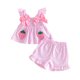 thumbnail image 1 of Conjunto de verano para bebé niña pequeña: top sin mangas y shorts con estampado de fresas, bordado, cuadros, lazos y volantes., 1 of 10