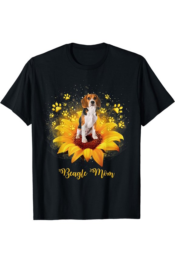 Beagle Mom Sunflower With Dog Paw Mother'S Day T-Shirt