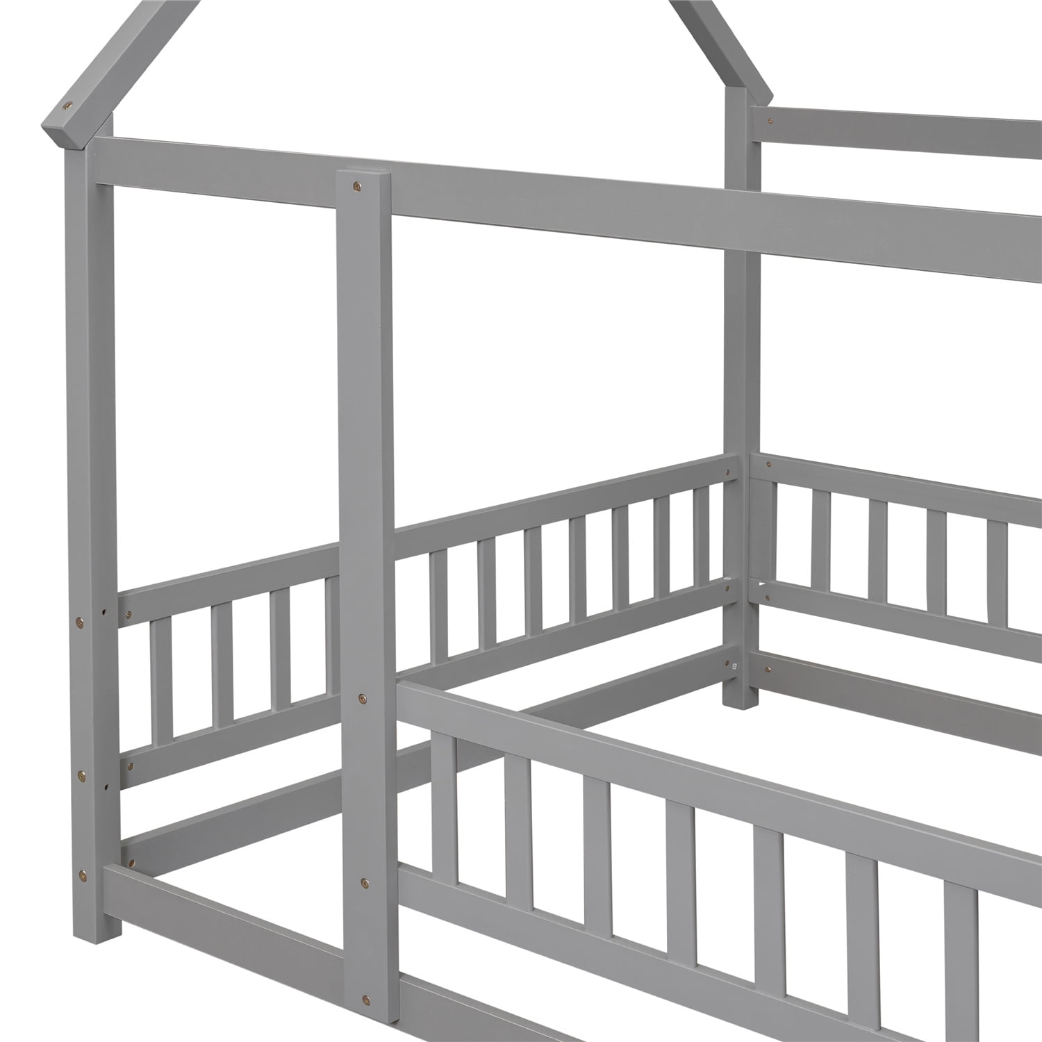 Full Size House Bed Wooden Floor Bed with Roof and Fence Guardrails Montessori Bed Playhouse Bed for Children Girls and Boys, Gray(No Bed Slats)