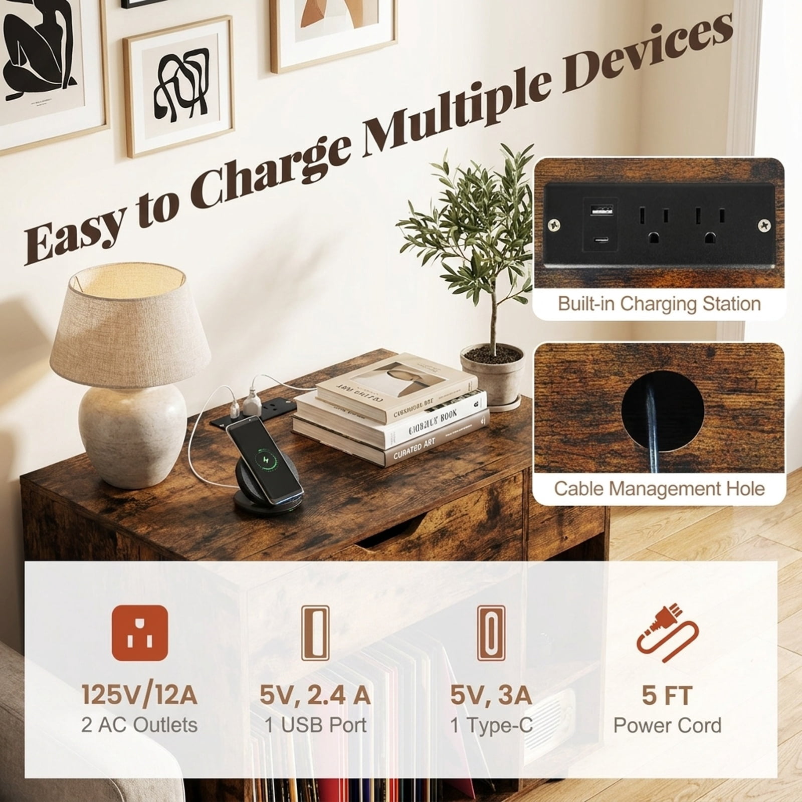 Furnibear Record Player Stand with Power Outlets USB Type-C Ports Drawer and Removable Divider Cubby for Living Room, Rustic Brown