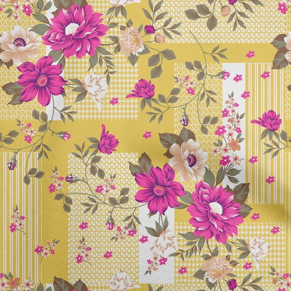 oneOone Polyester Spandex Yellow Fabric Asian Floral With Geometrical Texture Dress Material Fabric Print Fabric By The Yard 56 Inch Wide