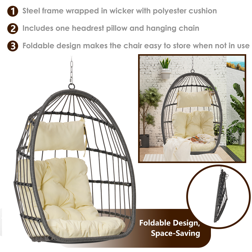 Hanging Egg Chair, Indoor Outdoor Swing Egg Chair Without Stand, Wicker Hammock Chair Swing with Cushion & Hanging Chain, Hanging Lounge Chair for Patio Backyard Balcony Garden Bedroom - image 5 of 7