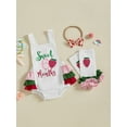 thumbnail image 5 of BemeyourBBs Baby Girls Half Birthday Outfit Baby Girl First Birthday Clothes Sleeveless Letter Donut Strawberry Print Romper with Bow Headband and Leg Warmers Set 3Pcs, 5 of 9