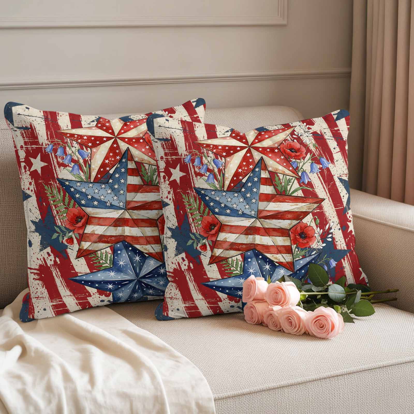 Outdoor Pillow Covers Waterproof, Patriotic USA Flag Decorative Square Throw Pillowcases Patio Cushion Covers for Tent/Garden, 20" x 20" 2 Pack, Texas Star Botanical Leaves Red Striped