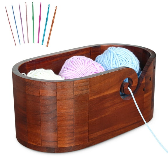 Wooden Yarn Bowl, 11.2" W x 6.1" D x 4.7" H, Large Capacity, Carved Hole, 3 Thread Holes, Included 8 Free Metal Knitting Hooks, Perfect for Crocheting & Beginners
