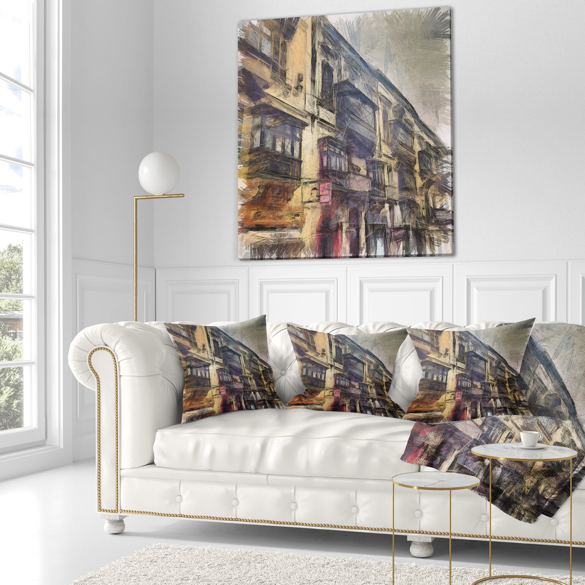 Designart Old City Street Watercolor Painting - Cityscape Throw Pillow - 16x16