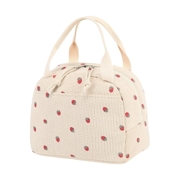 SUYOLL Stylish Strawberry Printed Insulated Lunch Tote Large Capacity Fresh Pastoral Style Thermal Cooler Bag For Work Picnic Travel Beige