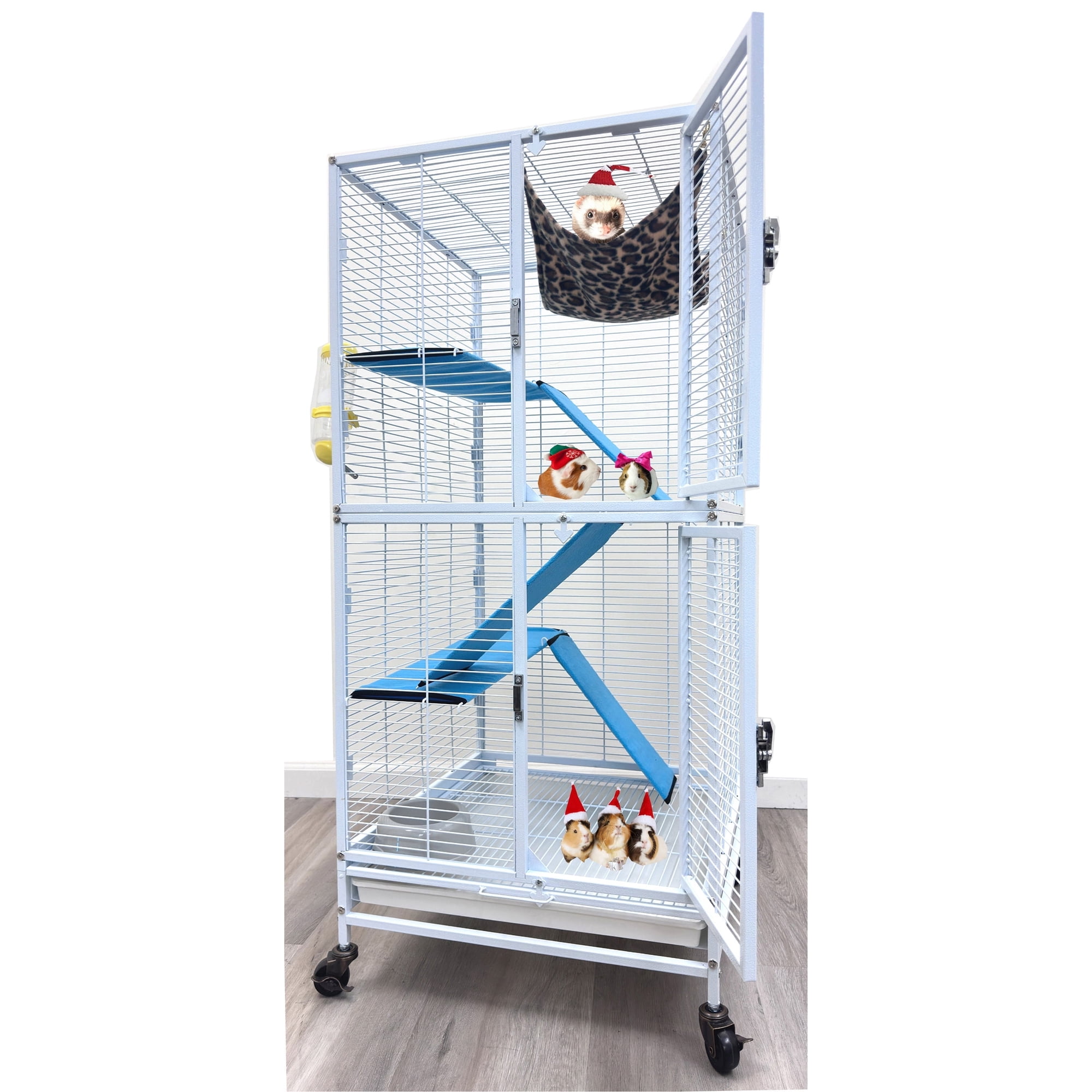 Deluxe Two Story Double Unit 4-Level Small Animal Critter Home Cage Hamster Habitat Mouse Rat Gerbil Tight 1/2-inch Wire Spacing Chew-Proof Rolling Cage for Ferret Hammock Chinchilla Sugar Glider