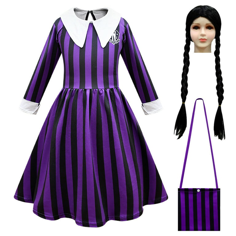 Wednesday Addams Cosplay Costume Kids Nevermore Academy School Uniform  Purple Dress with Bag and Accessories