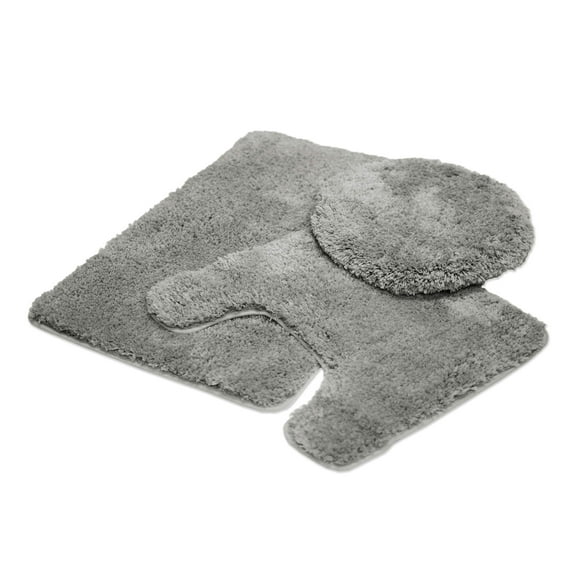 Royal Comfort 3-Piece Bathroom Rug Set, Ultra-Soft Plush Shaggy Microfiber Bath Mat, Contour Rug, Toilet Seat Lid Cover, Non-Slip Rubber Backing, Water Absorbent, Grey