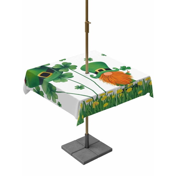 St. Patrick's Day Outdoor Tablecloth - 60x60 Inch Square Dining Table Cover, Lucky Shamrock Gnomes Flowers Leaves Green Waterproof Outdoor Table Cloth with Umbrella Hole & Zipper for Picnic/Patio
