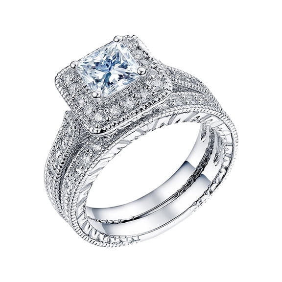 Valentines Day Gifts for Her Rings for Women Set of 2 Couples Princess Cut Set Ring Women Engagement Wedding Jewelry Birthday Gifts for Women Alloy Ring Jewelry